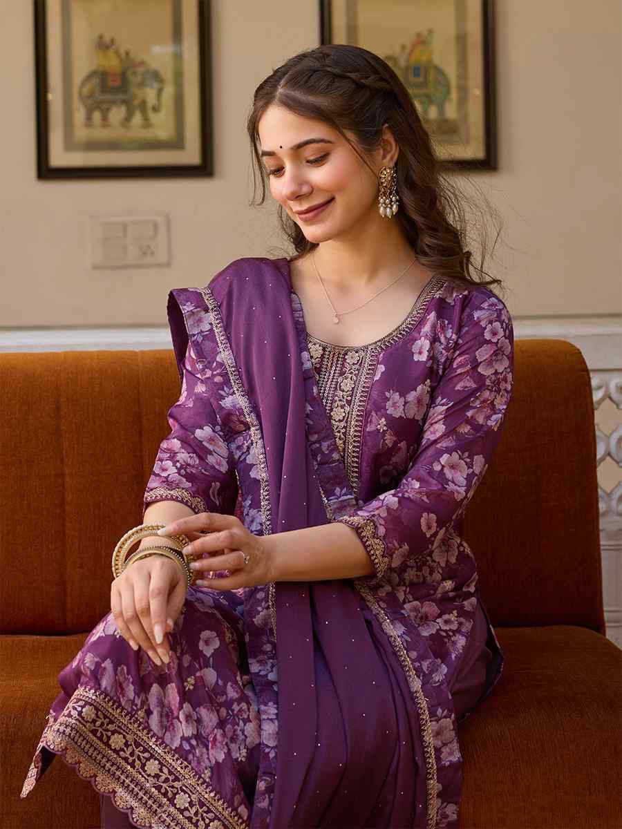 Purple Chinon Embroidered Festival Casual Ready Pant Salwar Kameez