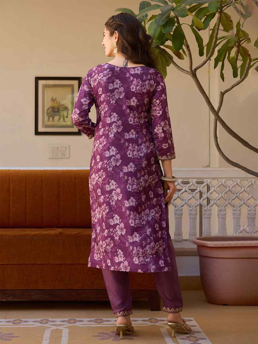 Purple Chinon Embroidered Festival Casual Ready Pant Salwar Kameez