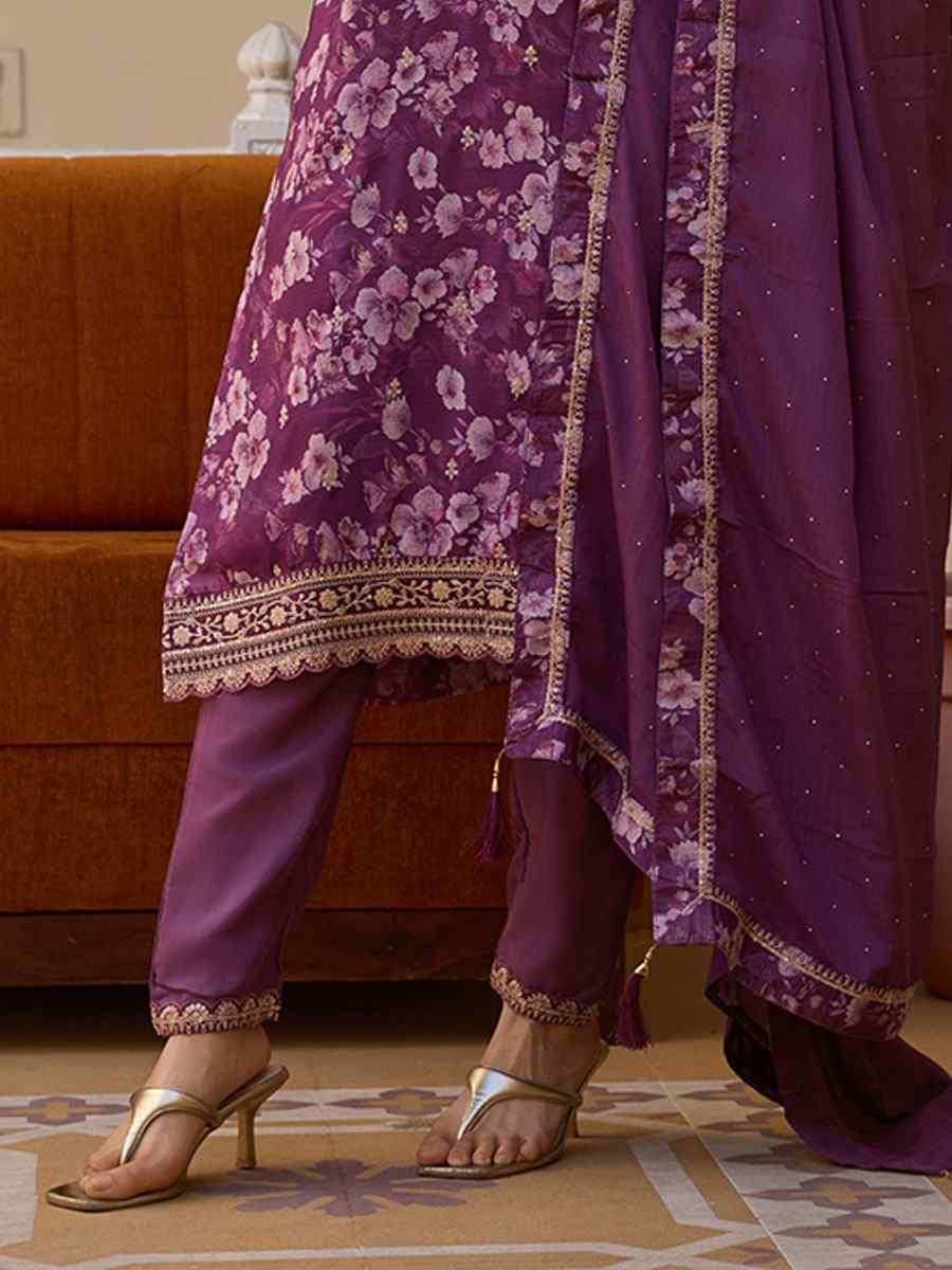 Purple Chinon Embroidered Festival Casual Ready Pant Salwar Kameez