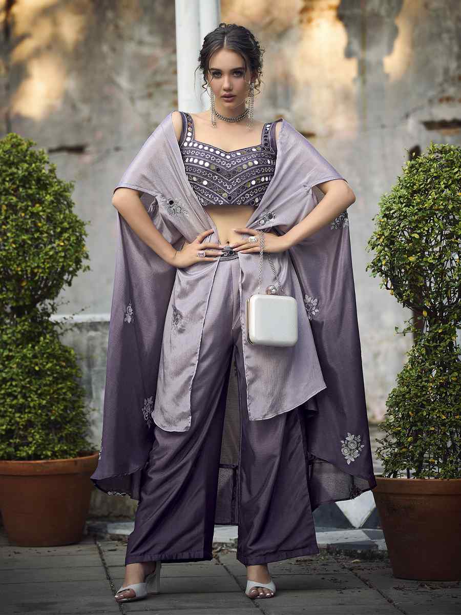 Purple Chinon Embroidered Festival Party Ready Palazzo Pant Salwar Kameez