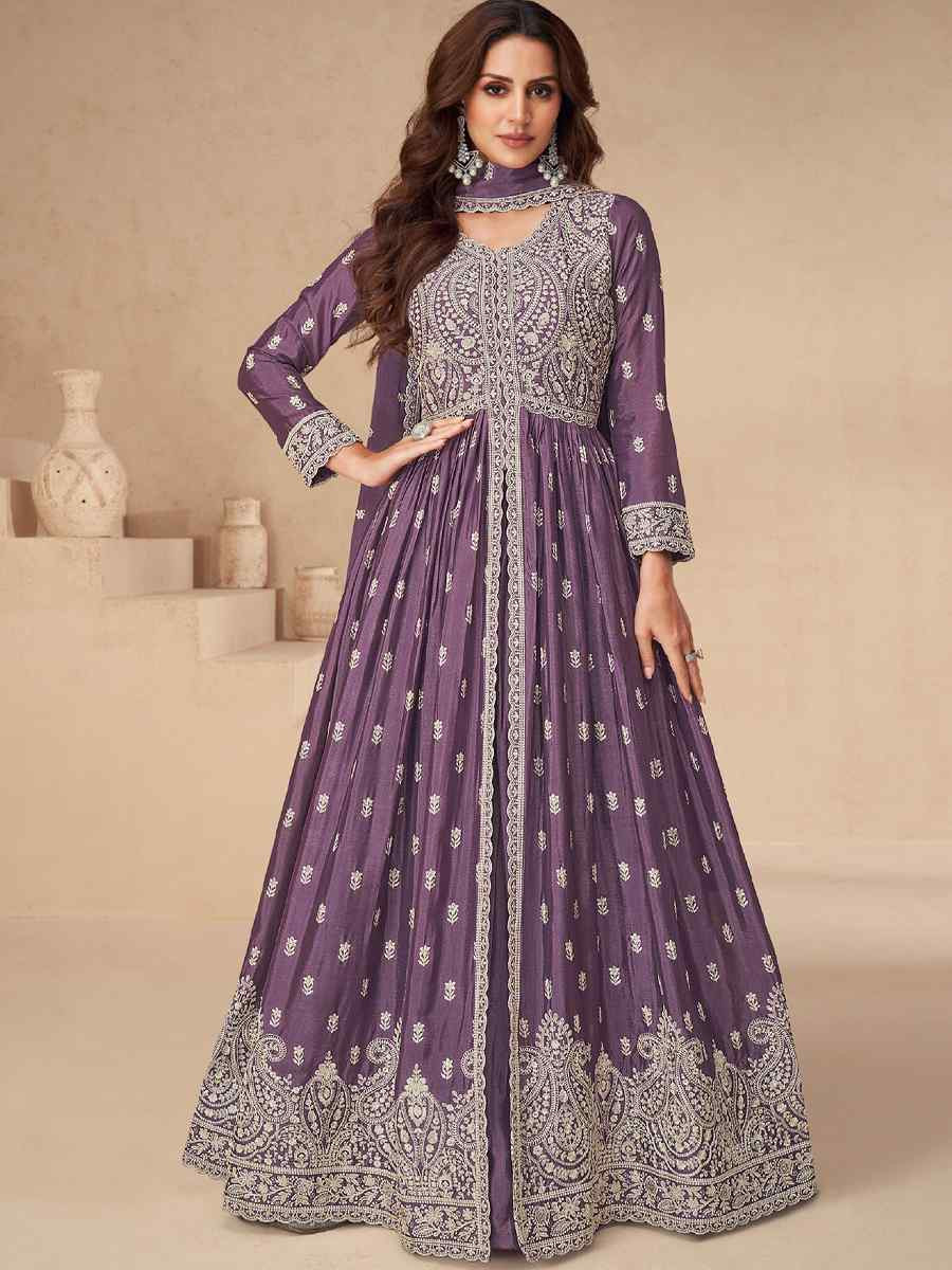 Purple Chinon Embroidered Festival Wedding Anarkali Salwar Kameez