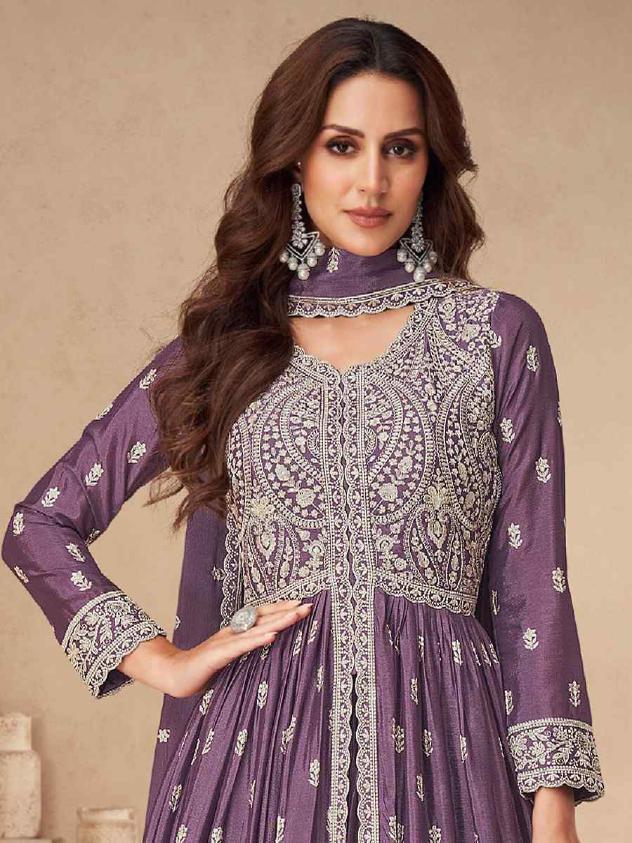 Purple Chinon Embroidered Festival Wedding Anarkali Salwar Kameez