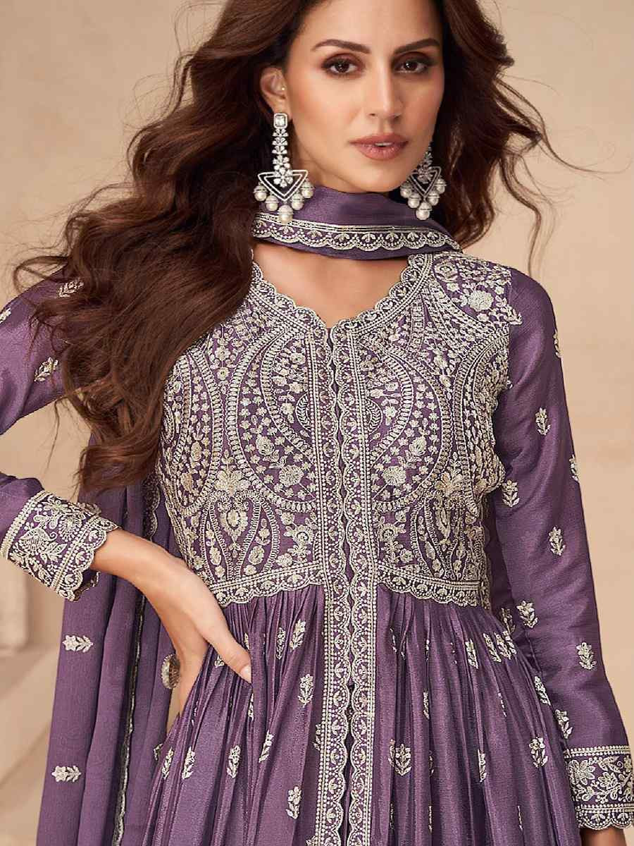 Purple Chinon Embroidered Festival Wedding Anarkali Salwar Kameez