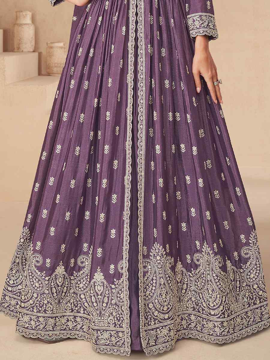 Purple Chinon Embroidered Festival Wedding Anarkali Salwar Kameez