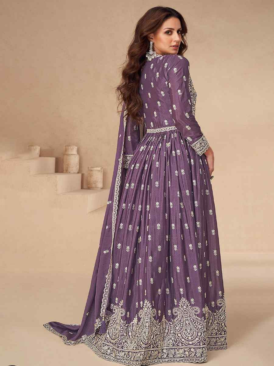 Purple Chinon Embroidered Festival Wedding Anarkali Salwar Kameez