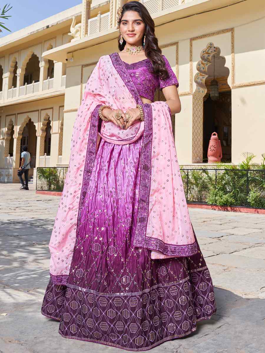 Purple Chinon Embroidered Festival Wedding Circular Lehenga Choli