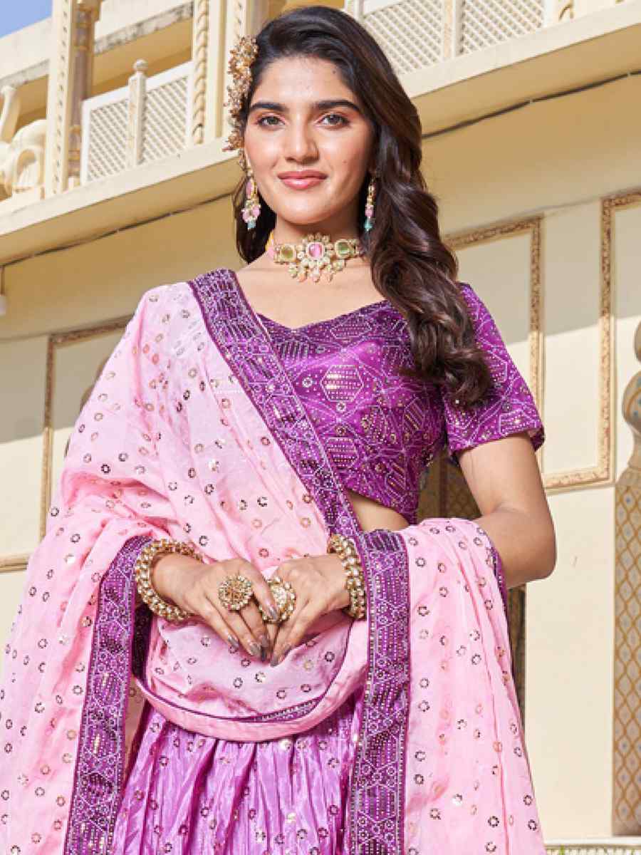 Purple Chinon Embroidered Festival Wedding Circular Lehenga Choli