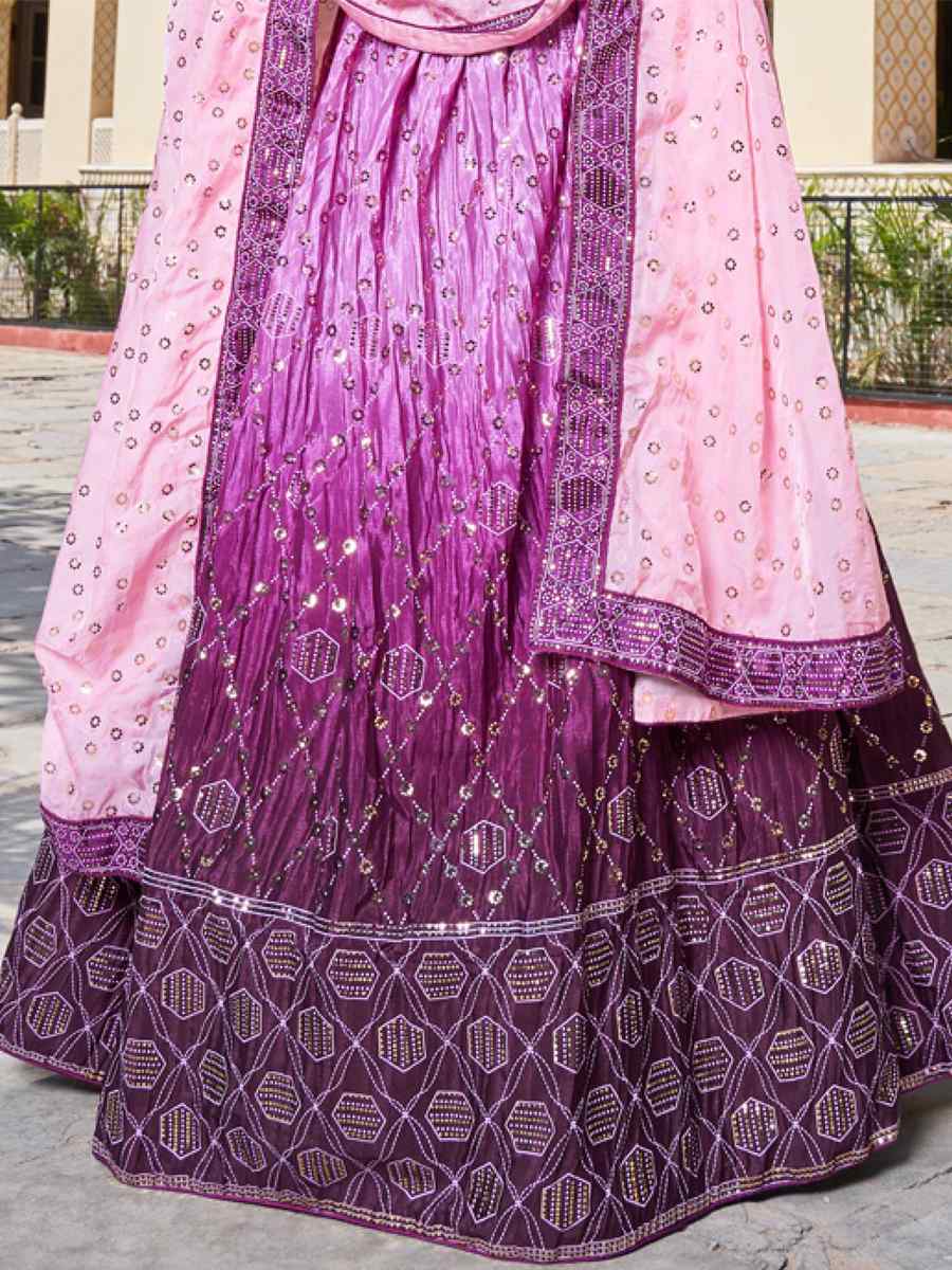 Purple Chinon Embroidered Festival Wedding Circular Lehenga Choli