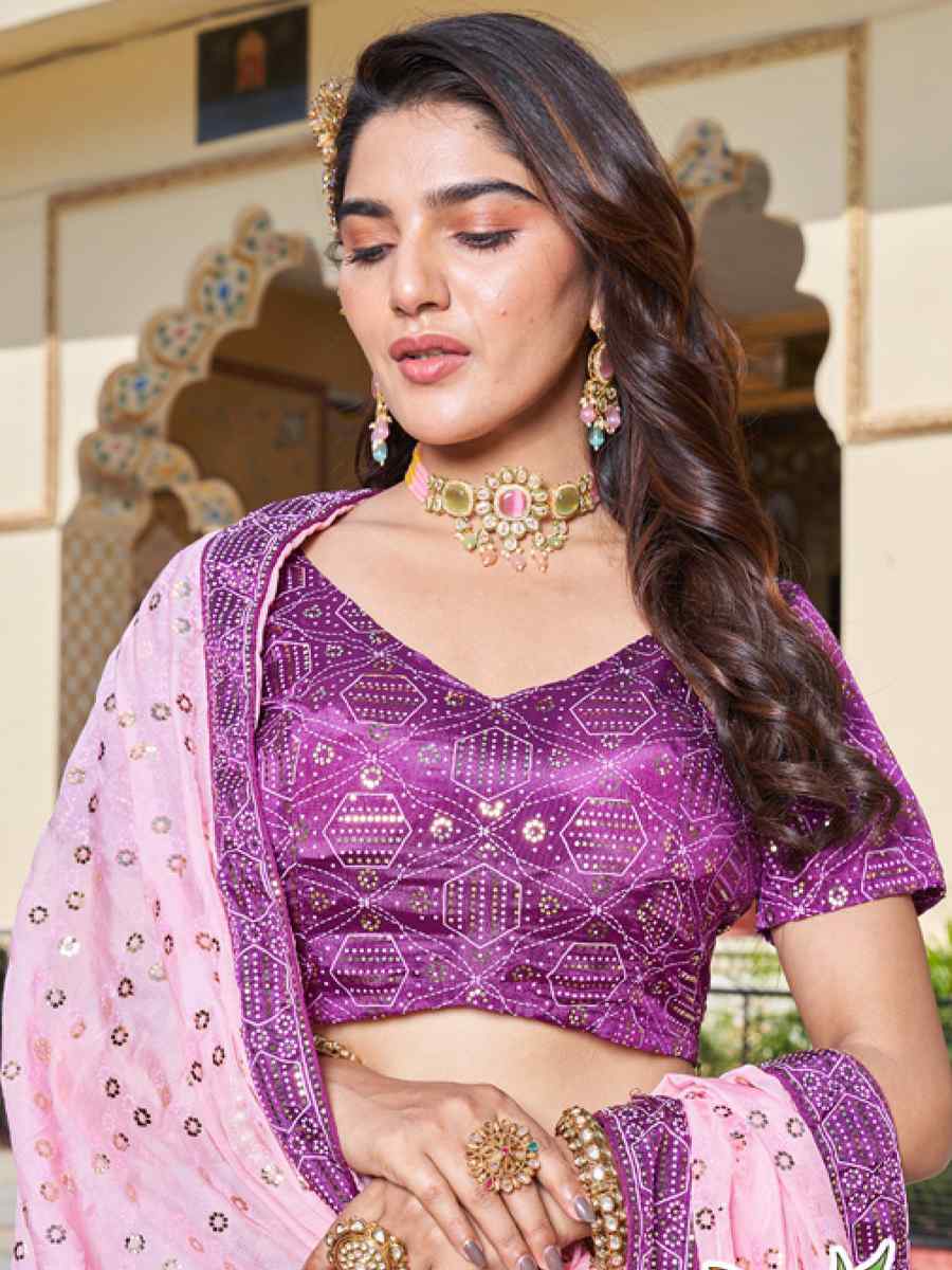 Purple Chinon Embroidered Festival Wedding Circular Lehenga Choli