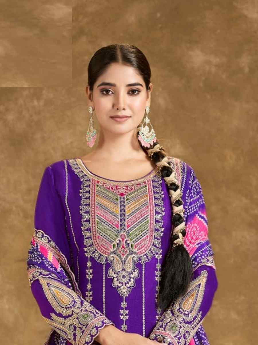 Purple Chinon Embroidered Festival Wedding Doti Pant Salwar Kameez