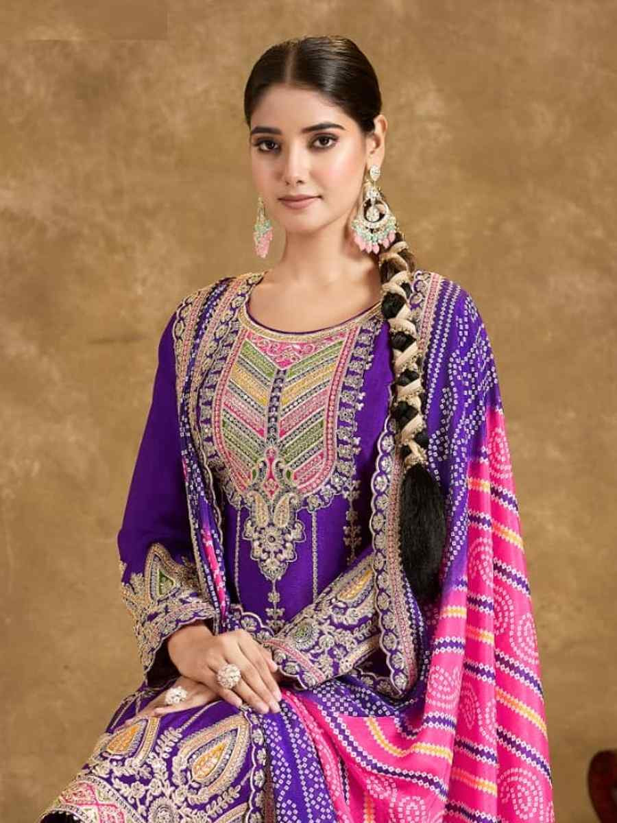 Purple Chinon Embroidered Festival Wedding Doti Pant Salwar Kameez