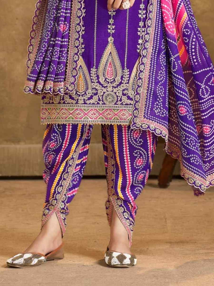 Purple Chinon Embroidered Festival Wedding Doti Pant Salwar Kameez
