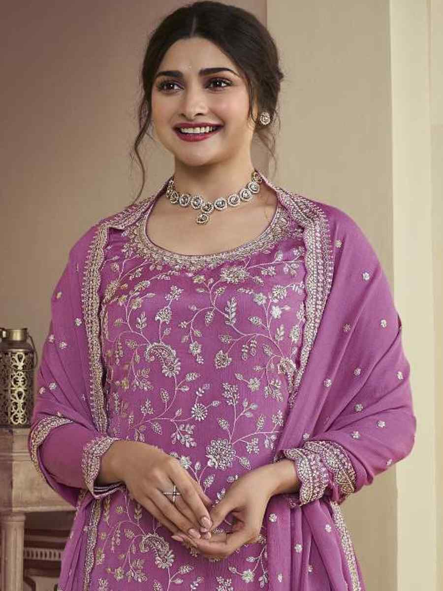 Purple Chinon Embroidered Festival Wedding Palazzo Pant Salwar Kameez