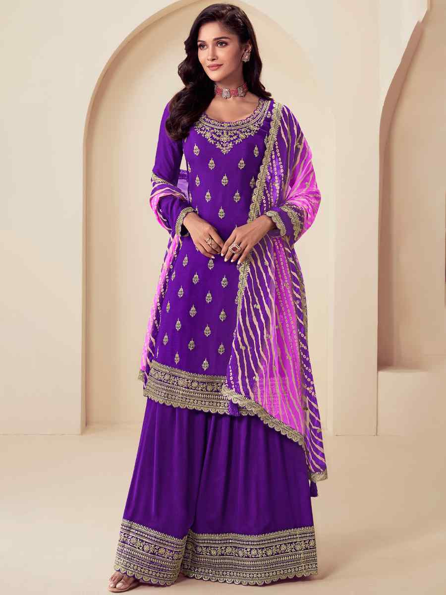 Purple Chinon Embroidered Festival Wedding Palazzo Pant Salwar Kameez