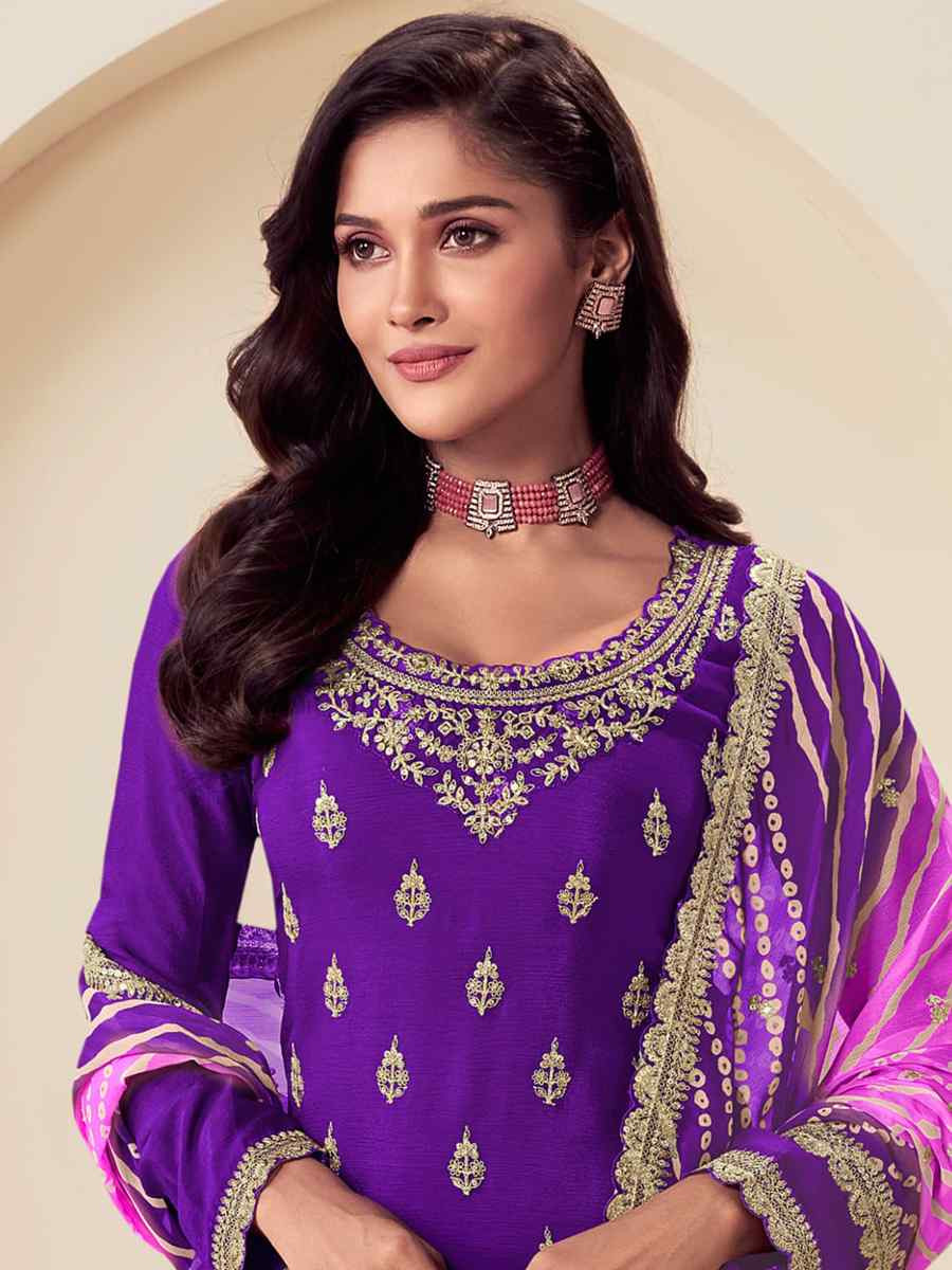 Purple Chinon Embroidered Festival Wedding Palazzo Pant Salwar Kameez
