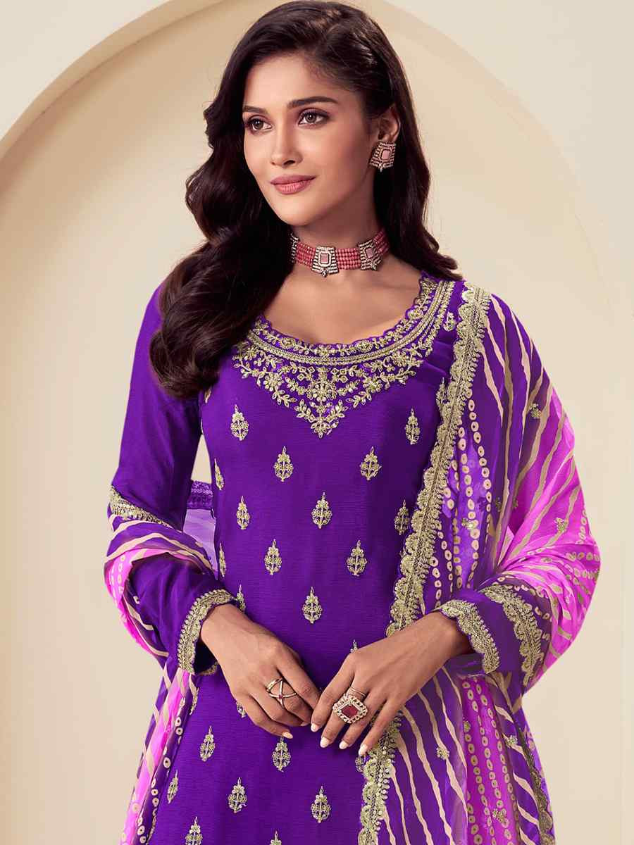 Purple Chinon Embroidered Festival Wedding Palazzo Pant Salwar Kameez
