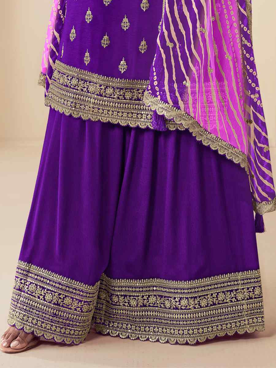 Purple Chinon Embroidered Festival Wedding Palazzo Pant Salwar Kameez