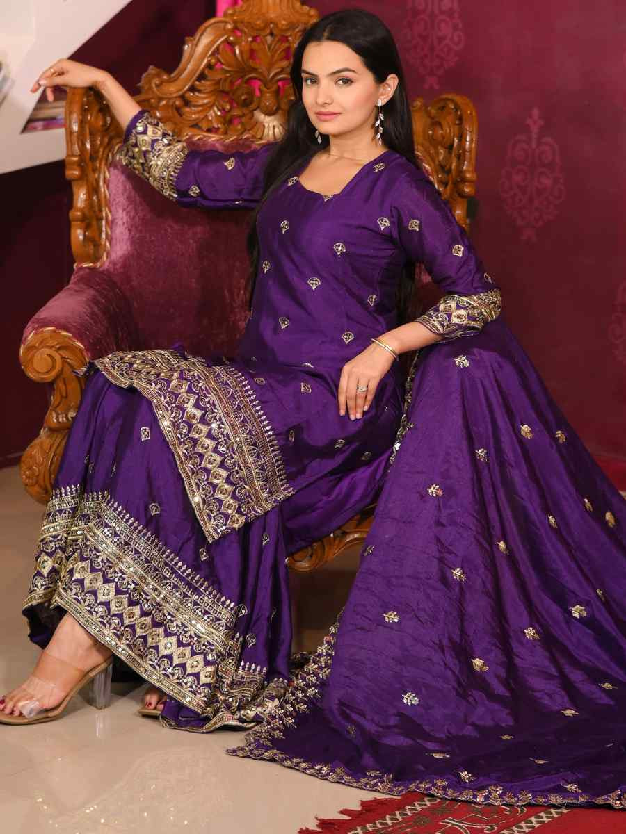 Purple Chinon Embroidered Party Casual Ready Palazzo Pant Salwar Kameez