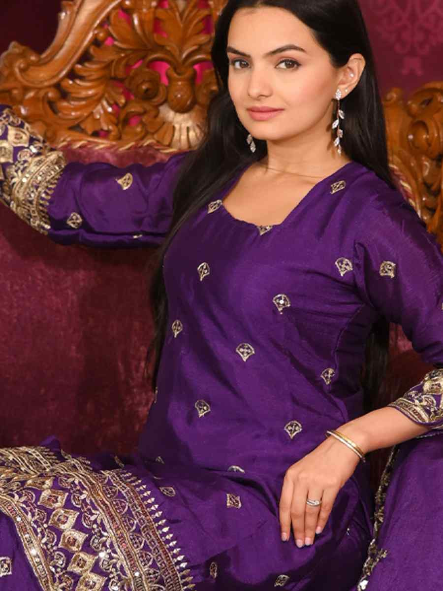 Purple Chinon Embroidered Party Casual Ready Palazzo Pant Salwar Kameez