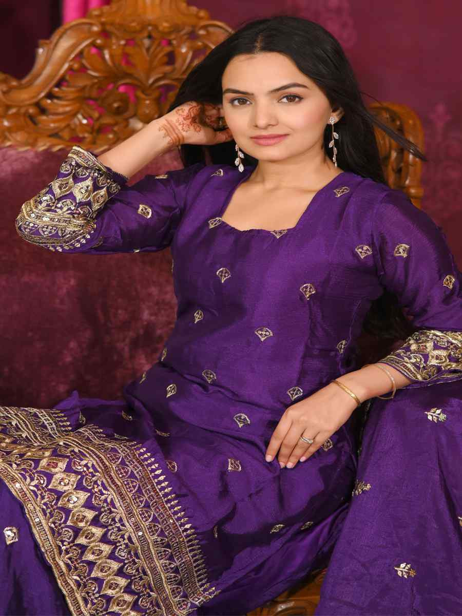 Purple Chinon Embroidered Party Casual Ready Palazzo Pant Salwar Kameez