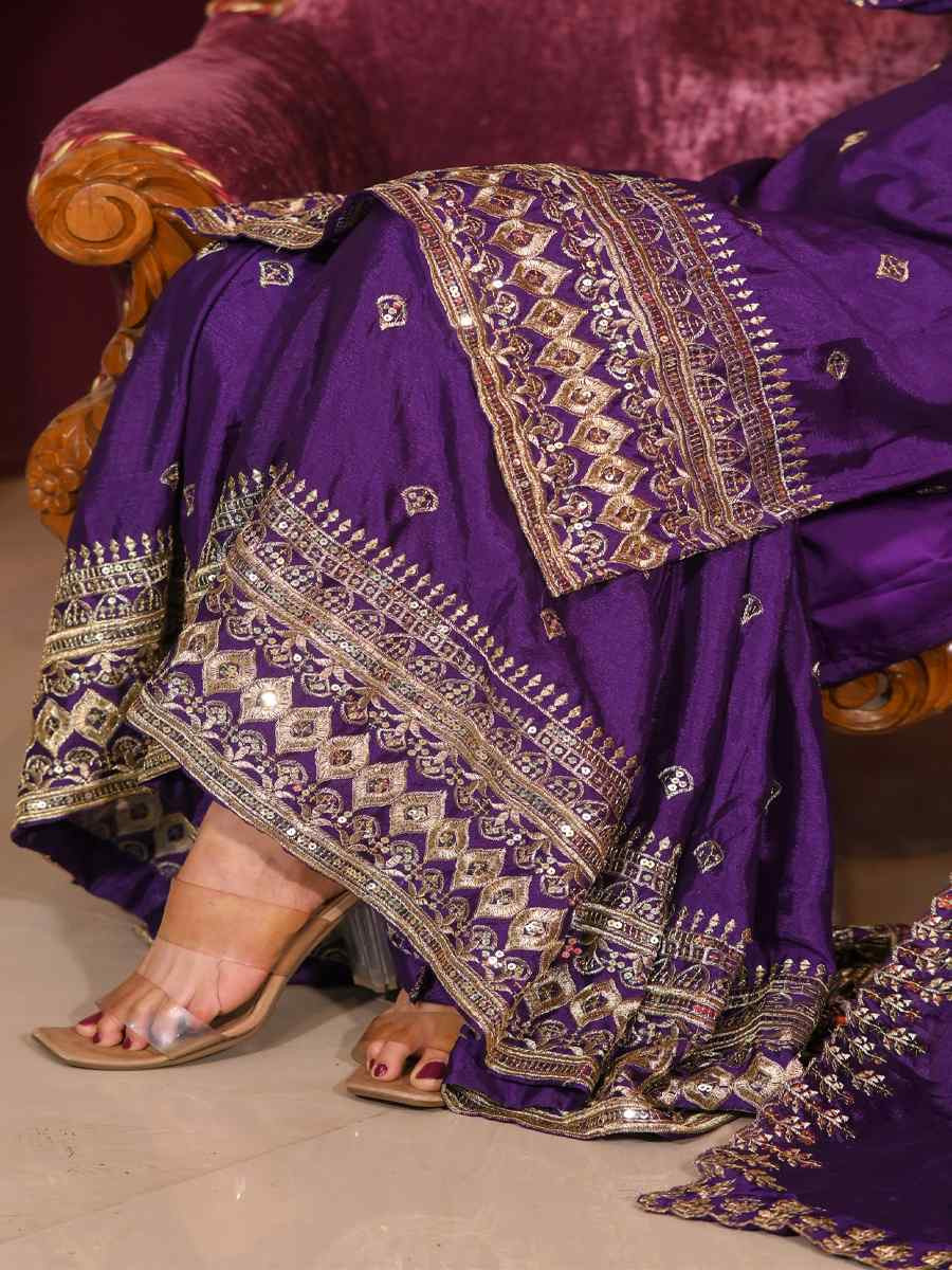 Purple Chinon Embroidered Party Casual Ready Palazzo Pant Salwar Kameez