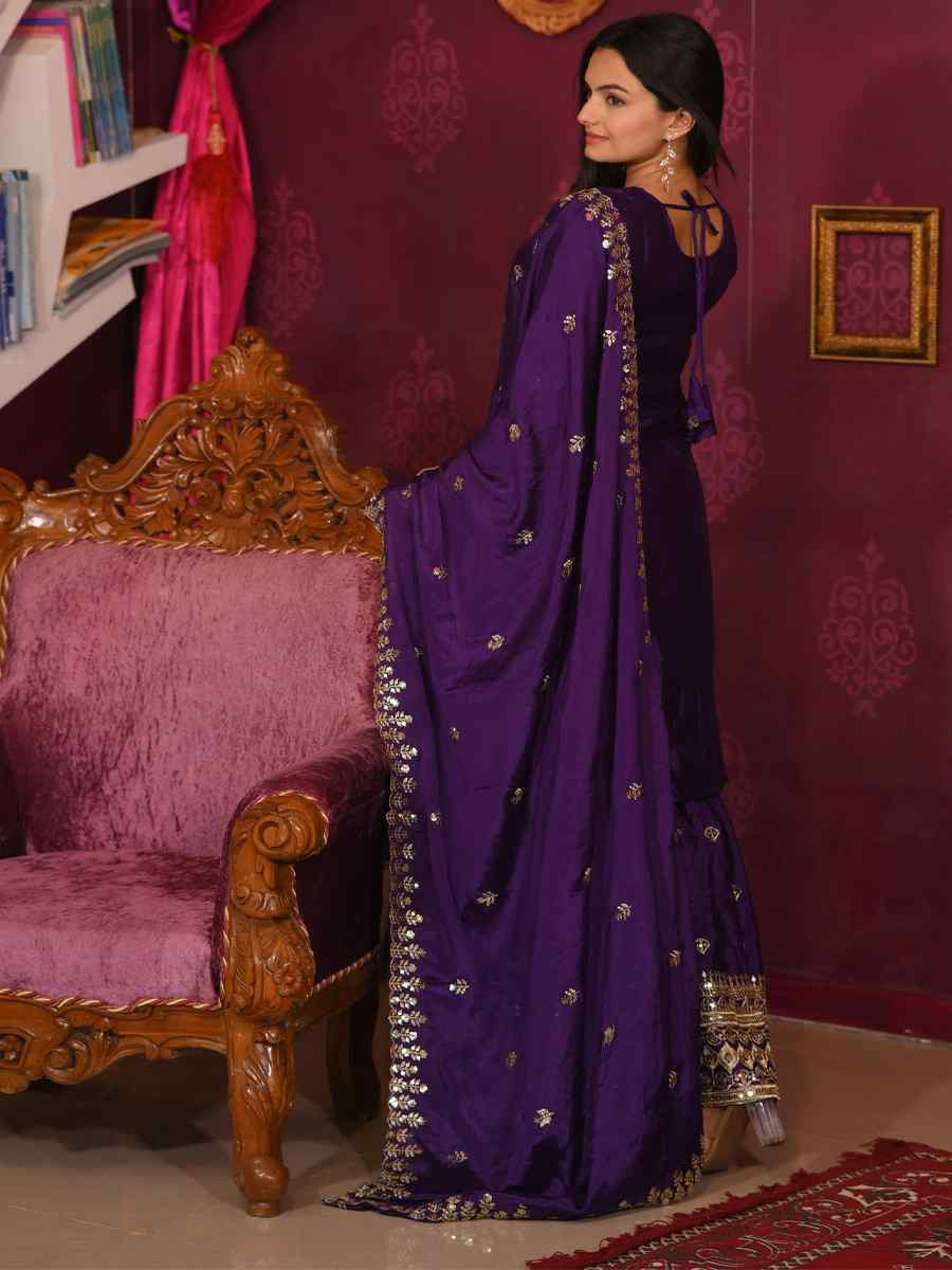 Purple Chinon Embroidered Party Casual Ready Palazzo Pant Salwar Kameez