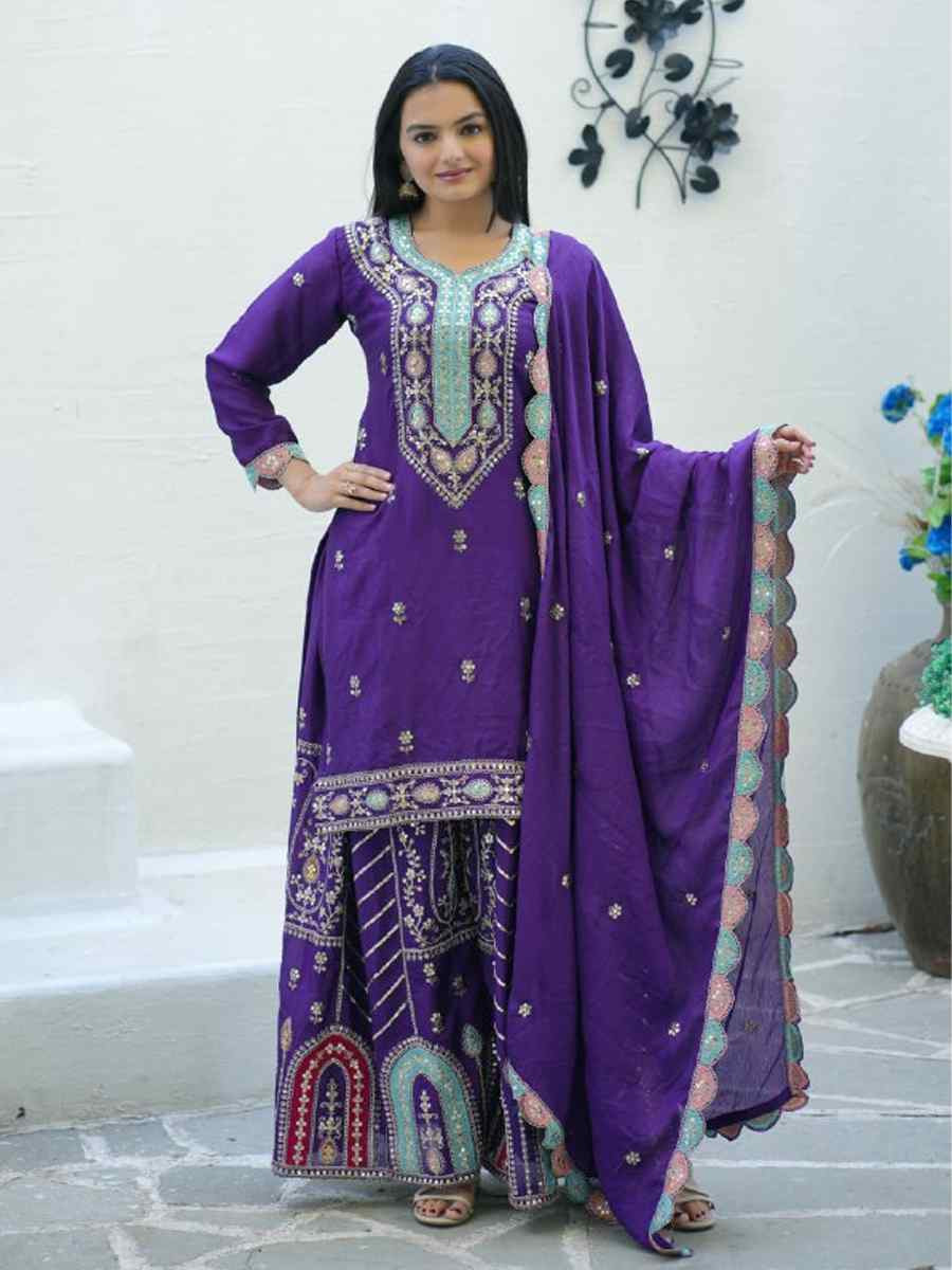 Purple Chinon Embroidered Party Casual Ready Palazzo Pant Salwar Kameez