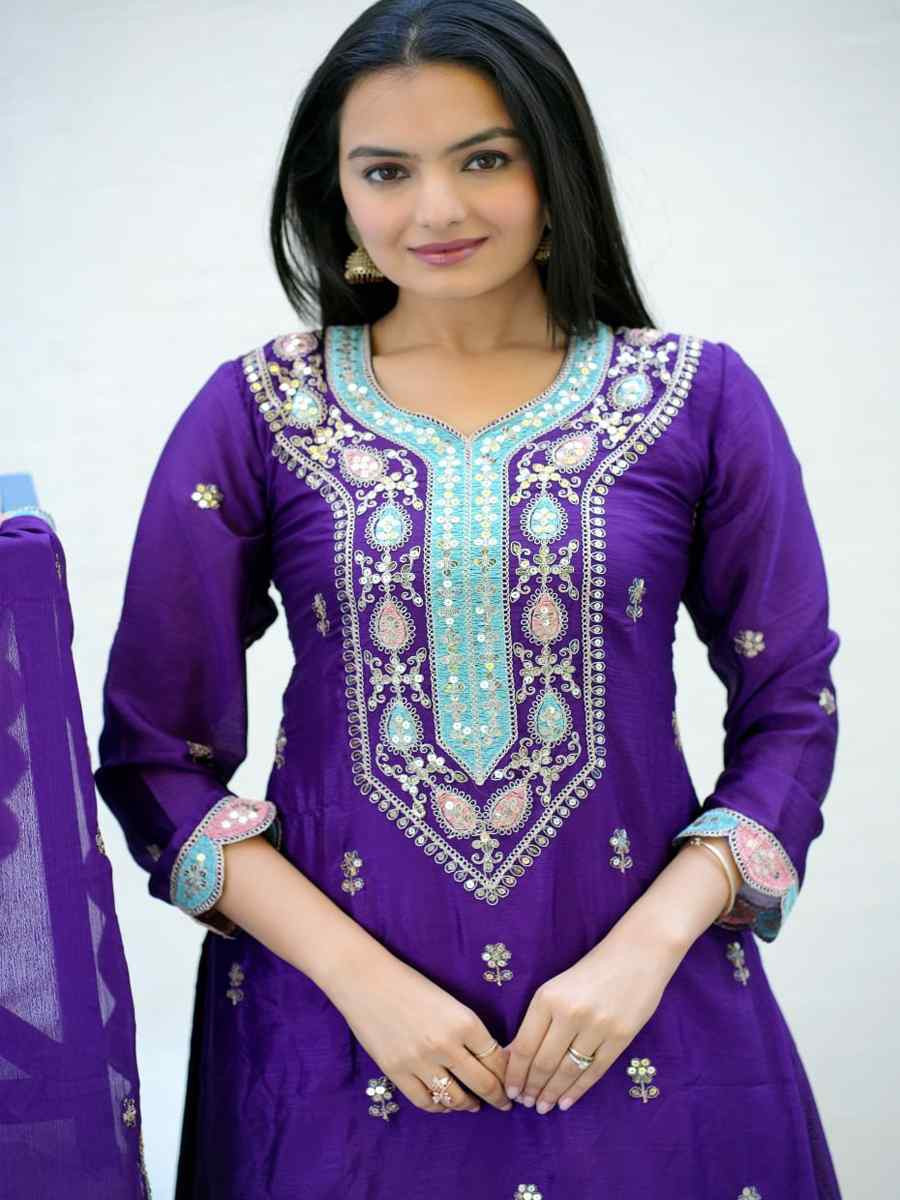 Purple Chinon Embroidered Party Casual Ready Palazzo Pant Salwar Kameez