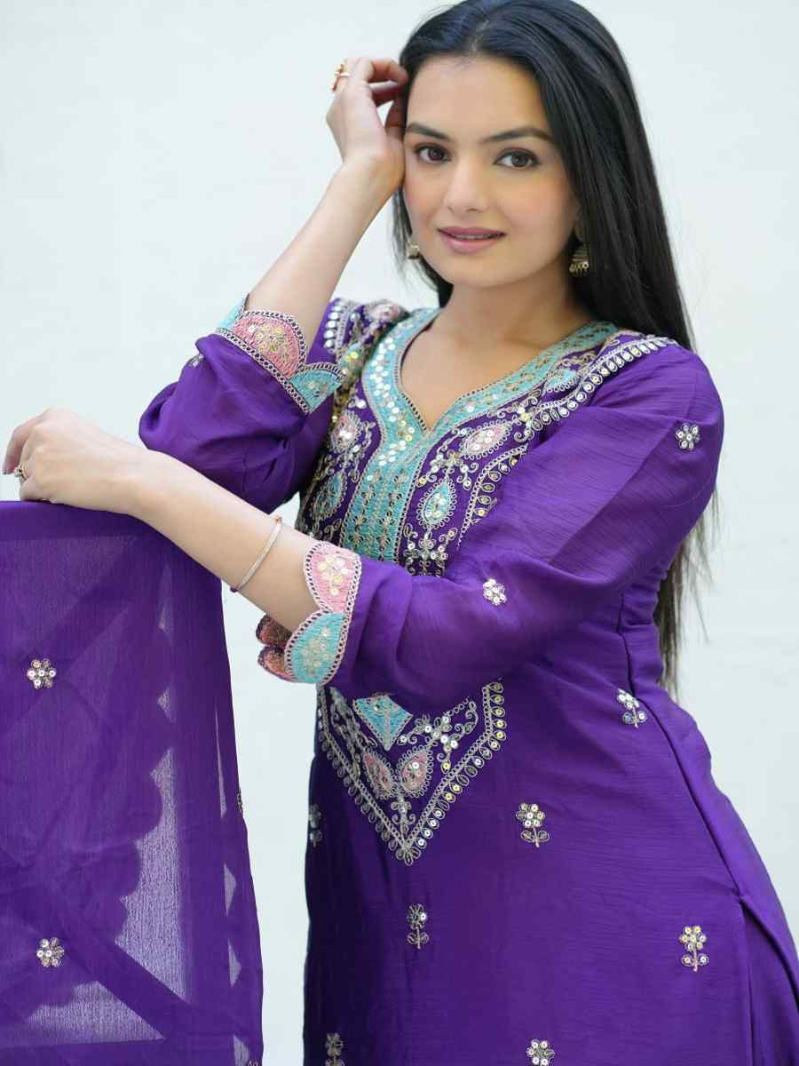 Purple Chinon Embroidered Party Casual Ready Palazzo Pant Salwar Kameez