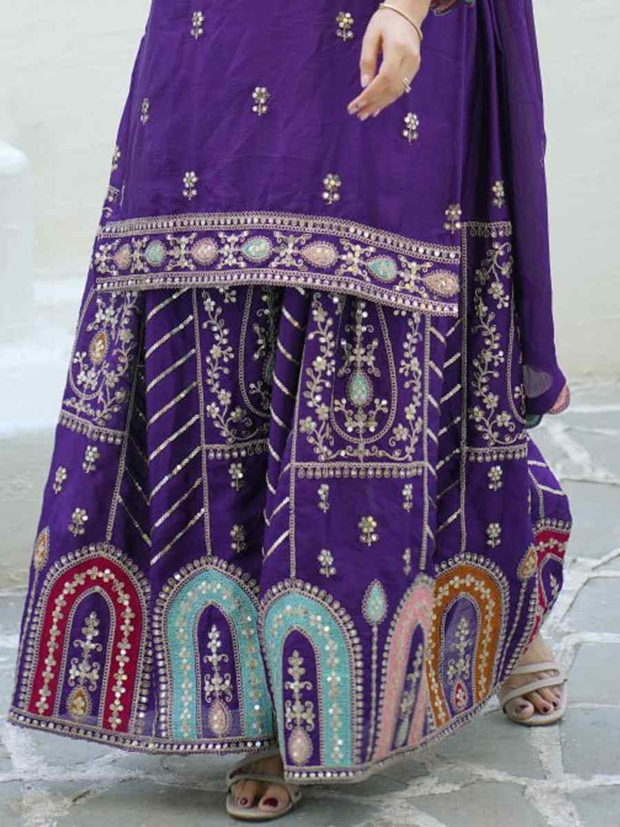 Purple Chinon Embroidered Party Casual Ready Palazzo Pant Salwar Kameez
