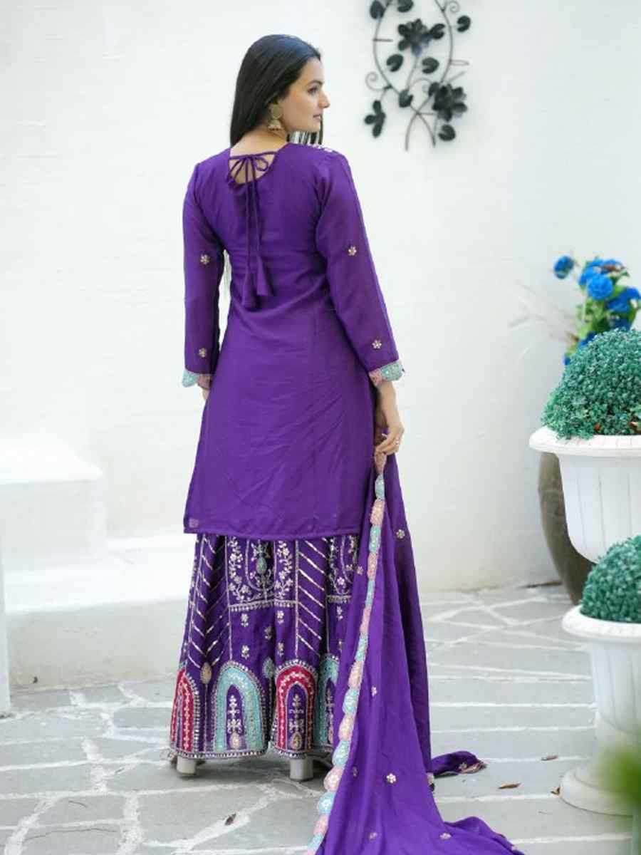 Purple Chinon Embroidered Party Casual Ready Palazzo Pant Salwar Kameez