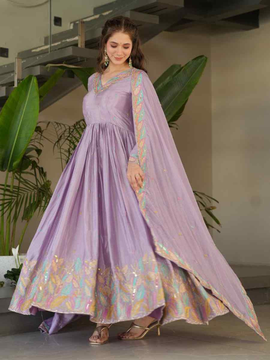 Purple Chinon Embroidered Party Wedding Ready Anarkali Suit Set