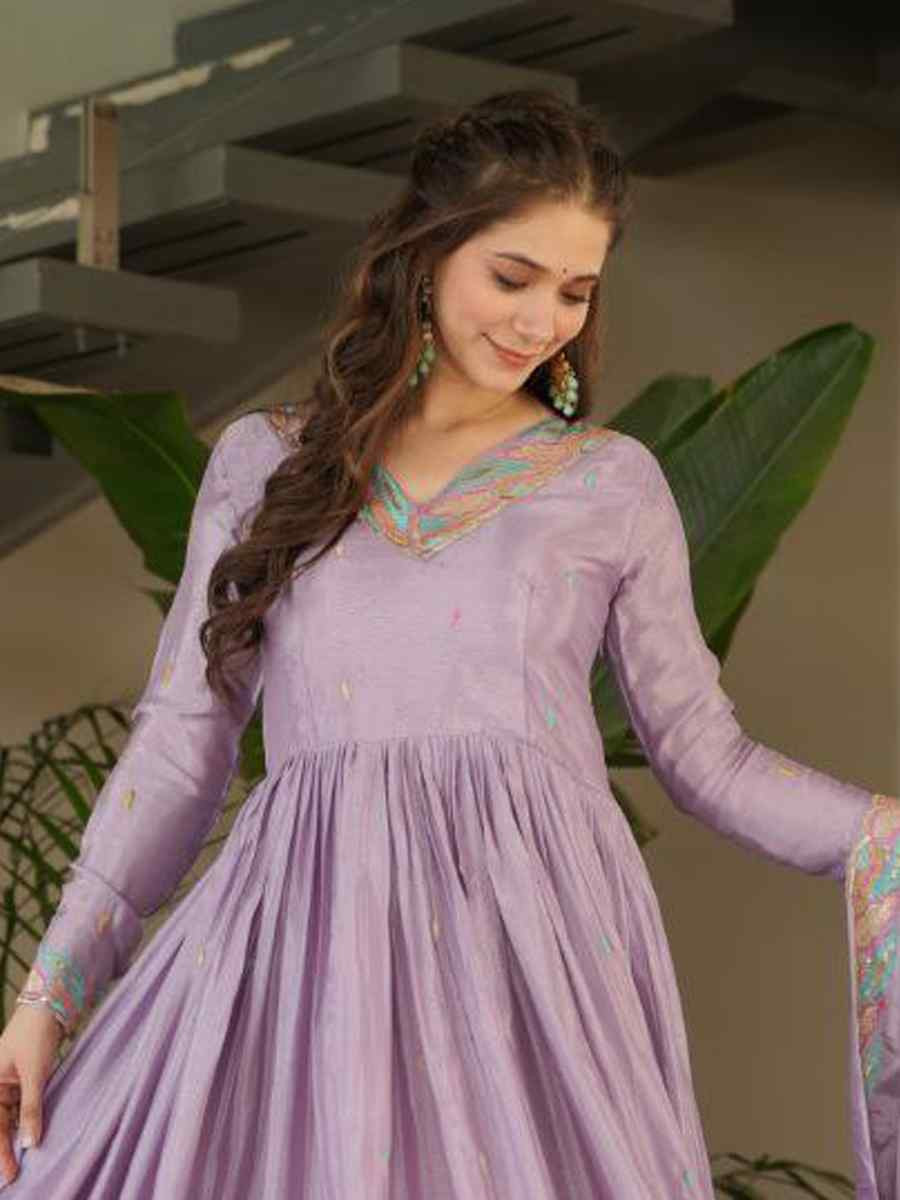 Purple Chinon Embroidered Party Wedding Ready Anarkali Suit Set