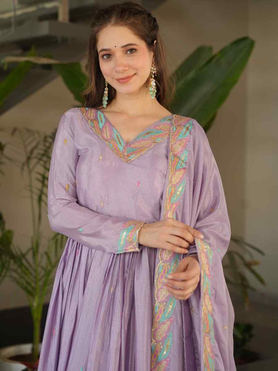 Purple Chinon Embroidered Party Wedding Ready Anarkali Suit Set