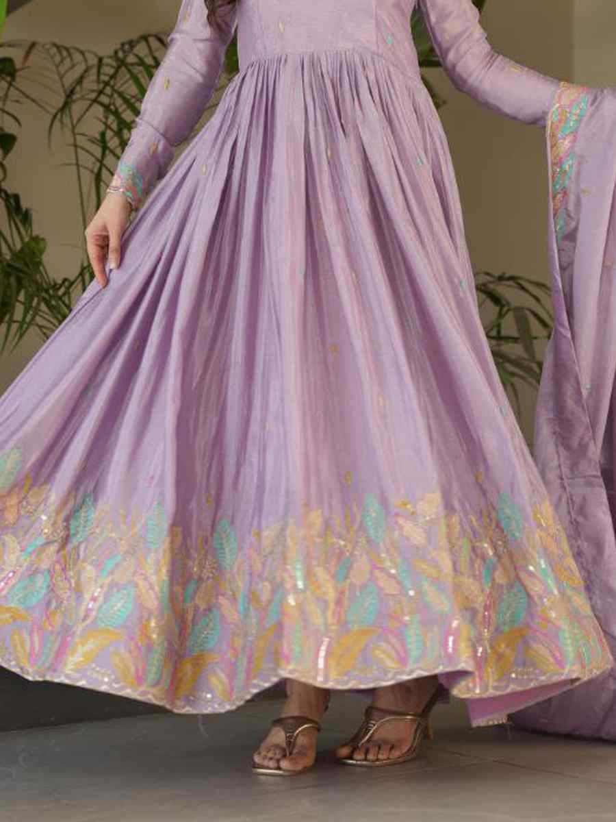 Purple Chinon Embroidered Party Wedding Ready Anarkali Suit Set