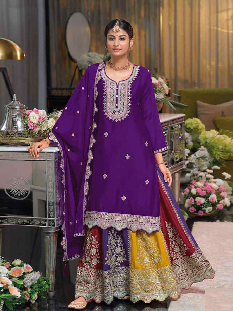 Purple Chinon Embroidered Reception Wedding Kurti Lehenga Choli