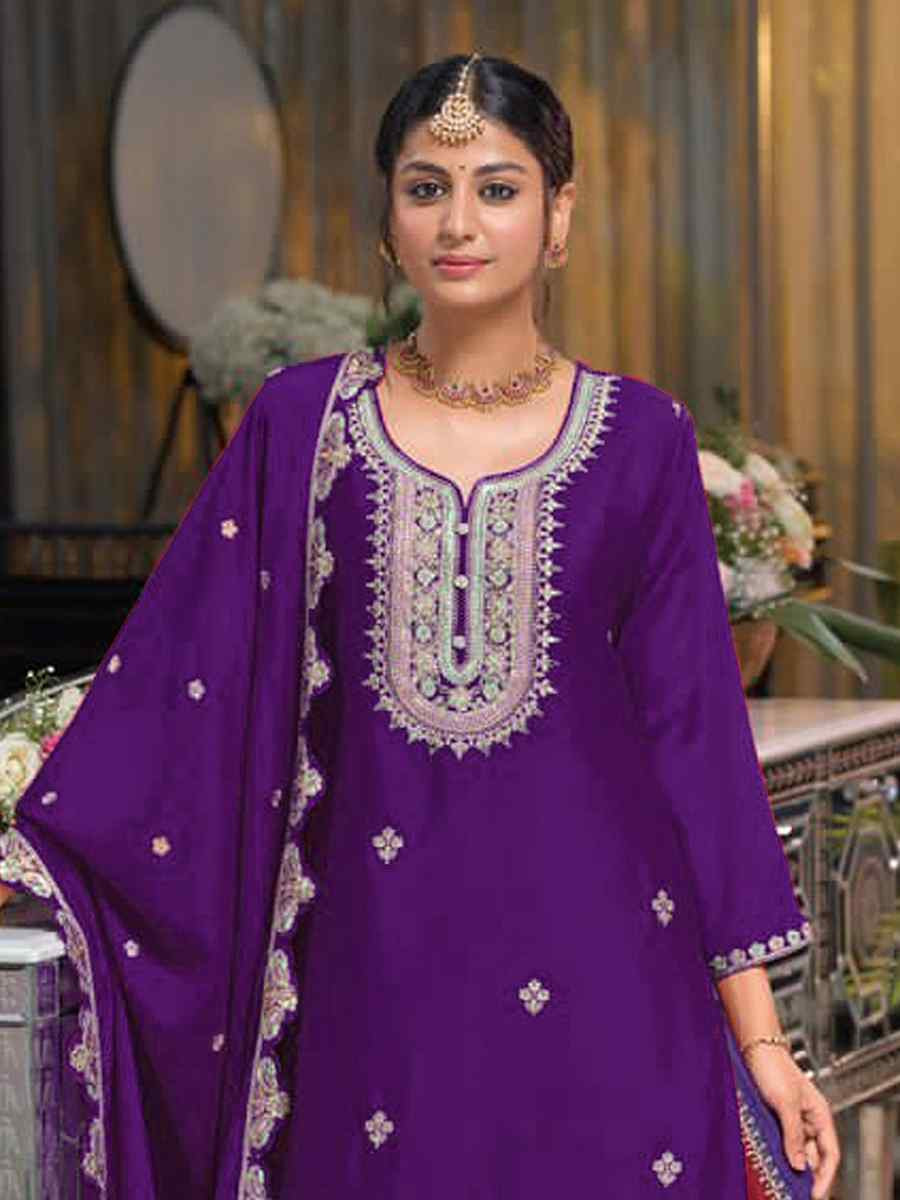 Purple Chinon Embroidered Reception Wedding Kurti Lehenga Choli