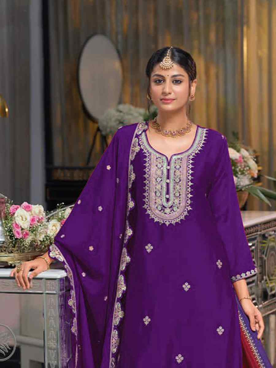 Purple Chinon Embroidered Reception Wedding Kurti Lehenga Choli