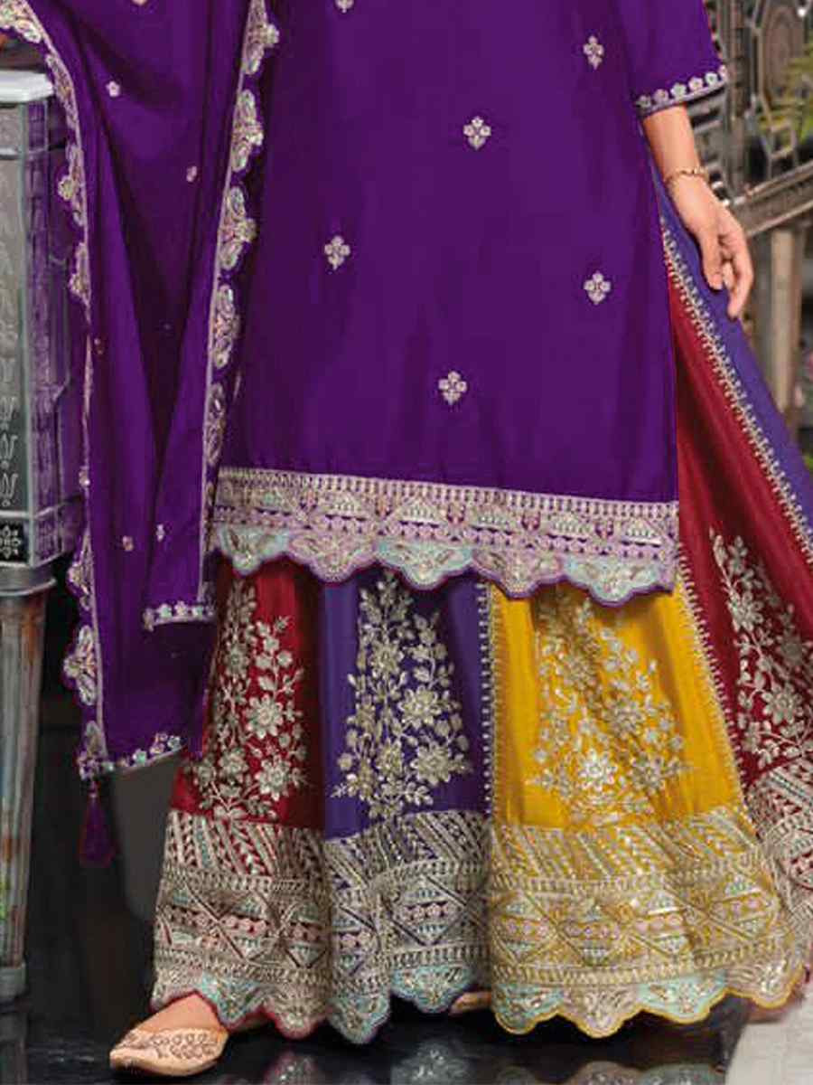Purple Chinon Embroidered Reception Wedding Kurti Lehenga Choli