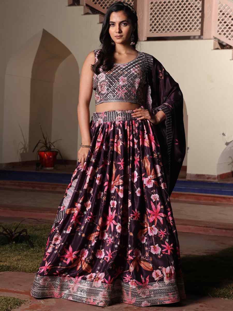 Purple Chinon Embroidered Wedding Reception Festival Heavy Border Lehenga Choli