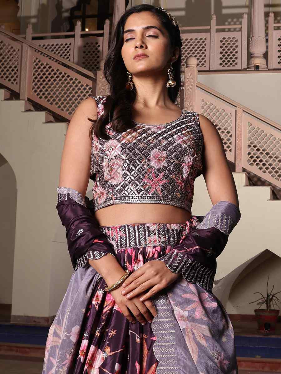 Purple Chinon Embroidered Wedding Reception Festival Heavy Border Lehenga Choli