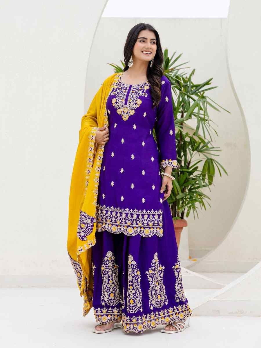 Purple Chinon Embroidery Party Wedding Festival Casual Ready Palazzo Pant Salwar Kameez