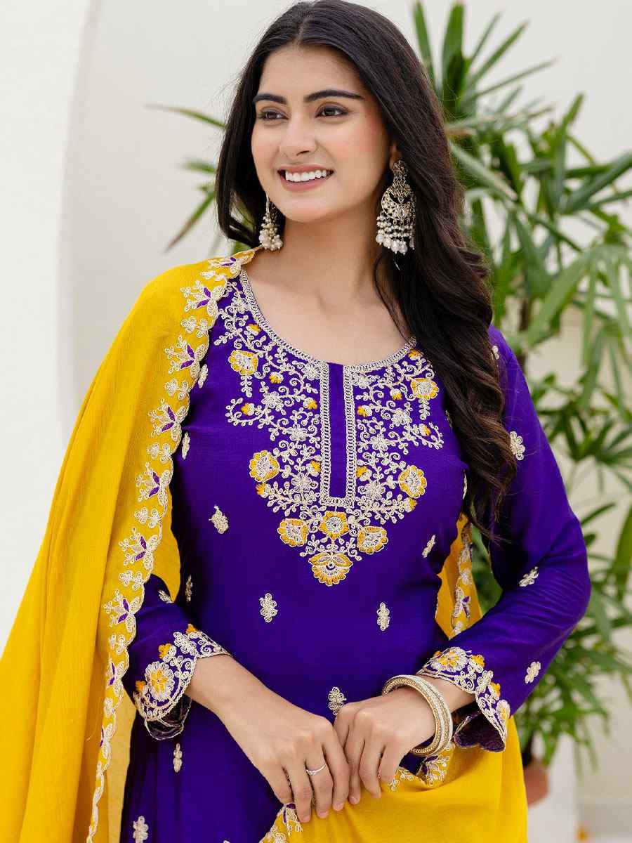 Purple Chinon Embroidery Party Wedding Festival Casual Ready Palazzo Pant Salwar Kameez