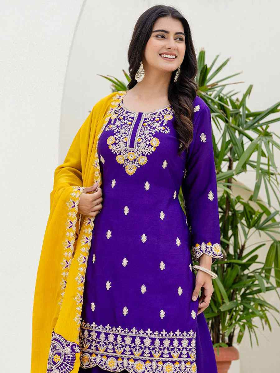 Purple Chinon Embroidery Party Wedding Festival Casual Ready Palazzo Pant Salwar Kameez