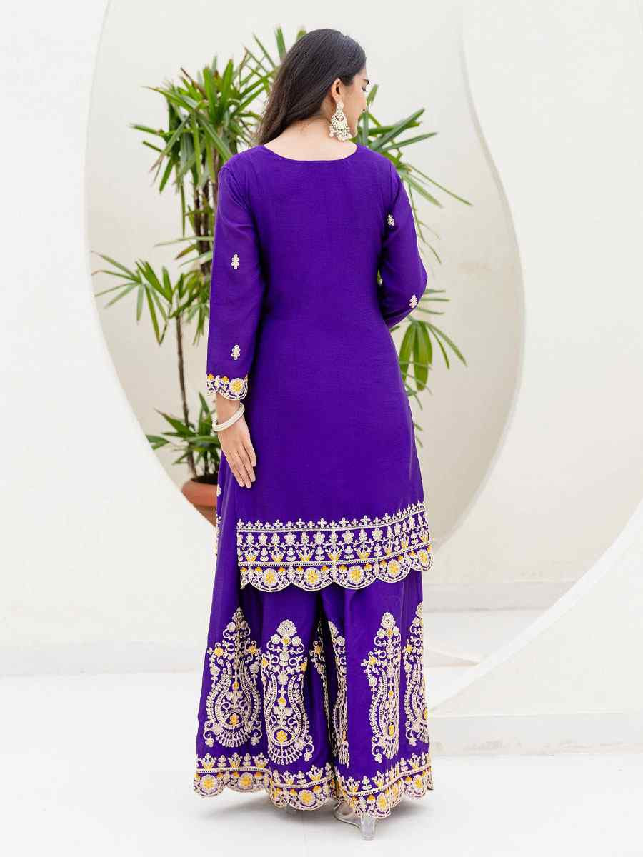 Purple Chinon Embroidery Party Wedding Festival Casual Ready Palazzo Pant Salwar Kameez