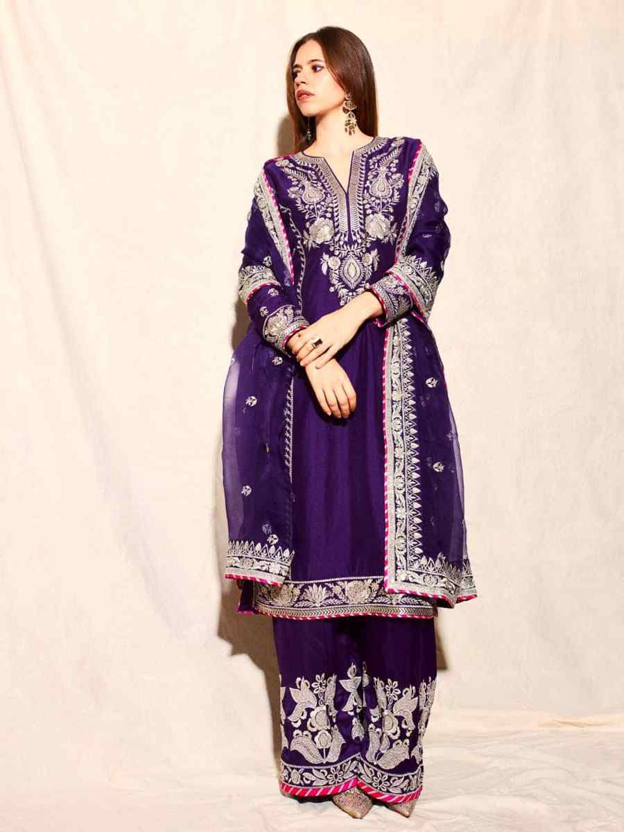 Purple Chinon Embroidery Party Wedding Festival Casual Ready Pant Salwar Kameez
