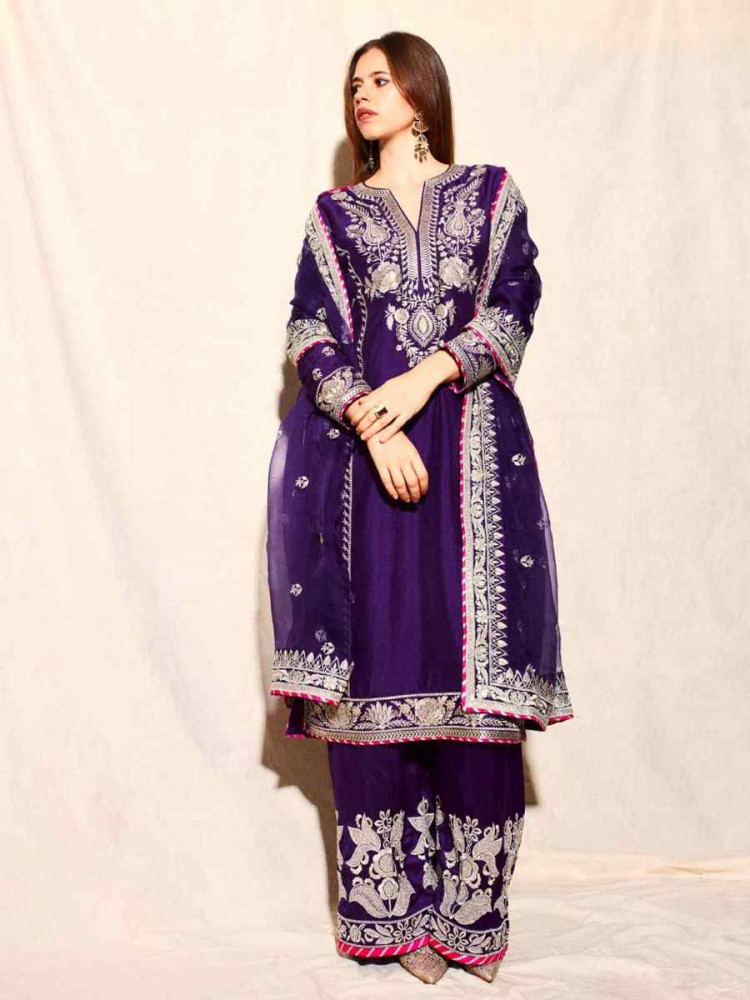 Image of Purple Chinon Embroidery Party Wedding Festival Casual Ready Pant Salwar Kameez