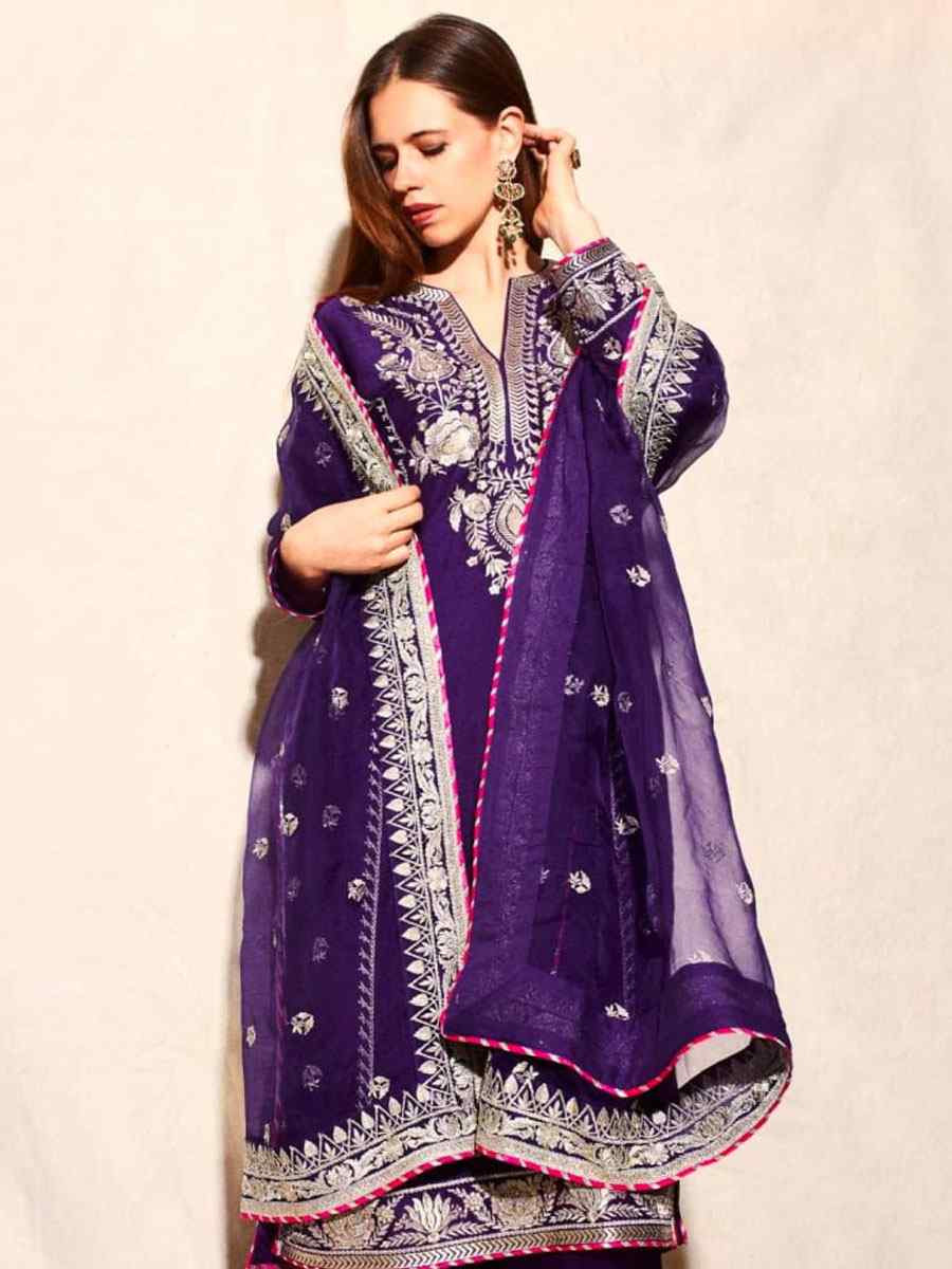Purple Chinon Embroidery Party Wedding Festival Casual Ready Pant Salwar Kameez