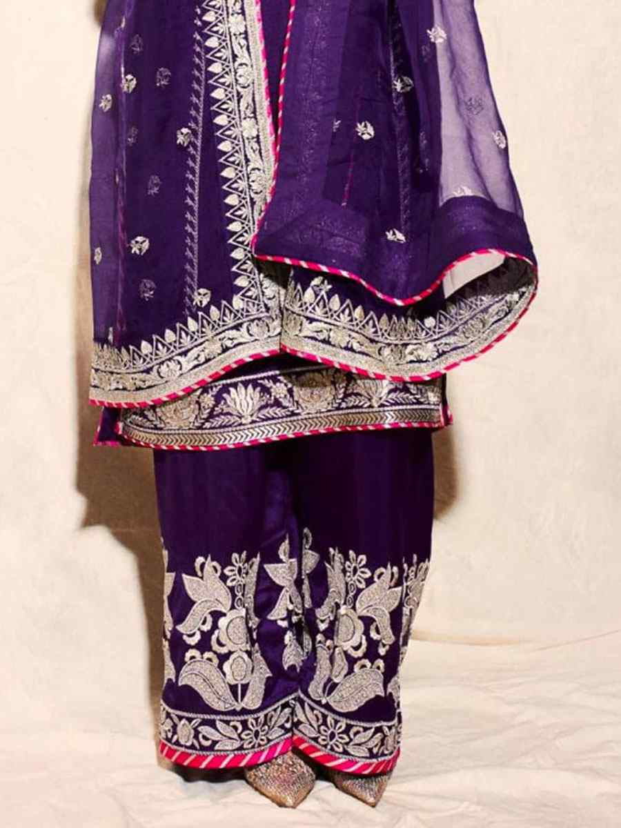 Purple Chinon Embroidery Party Wedding Festival Casual Ready Pant Salwar Kameez