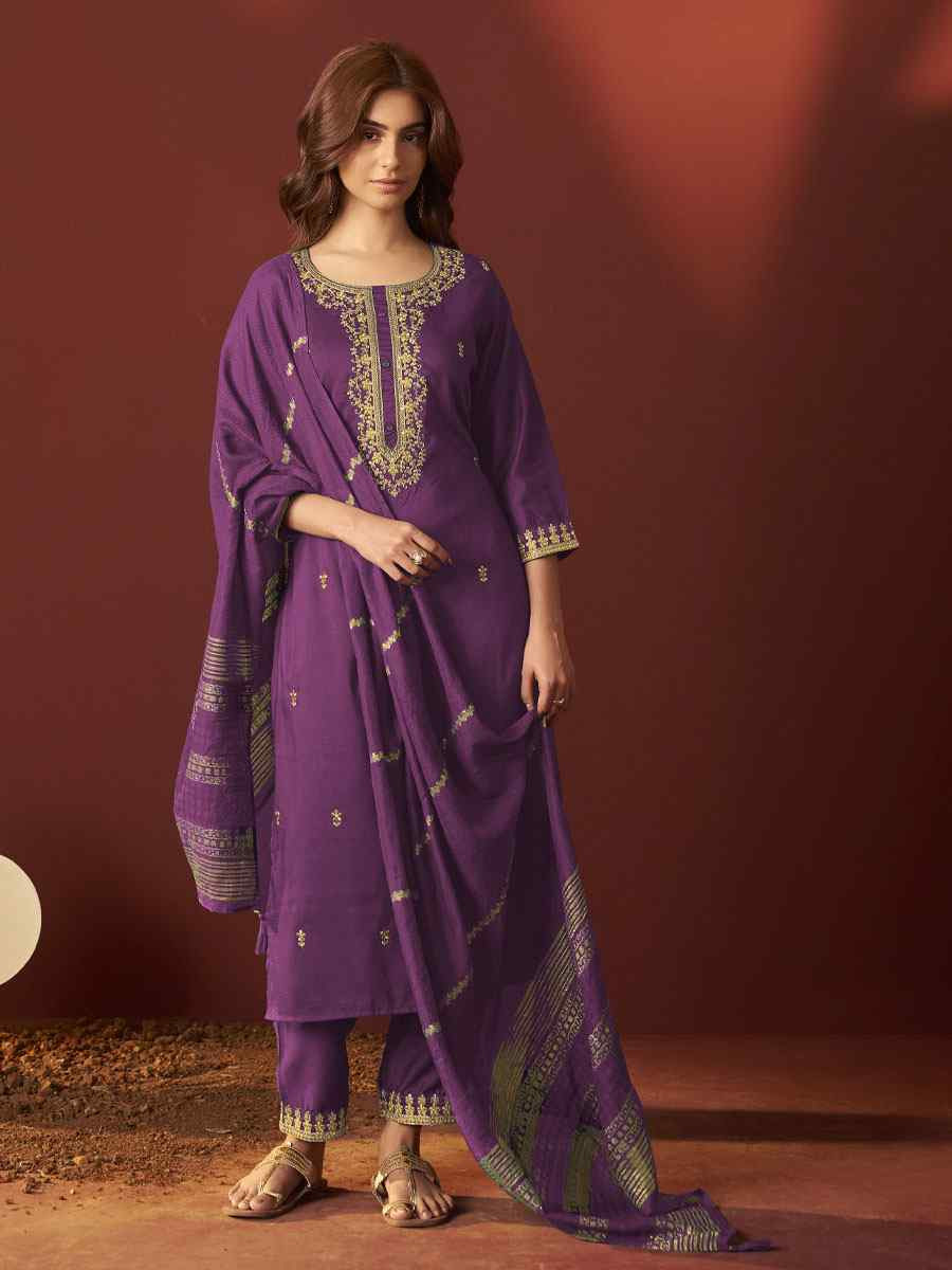 Purple Chinon Embroidery Party Wedding Festival Casual Ready Pant Salwar Kameez